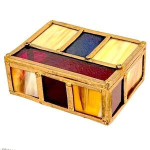 Vintage Tiffany Style Stained Glass Trinket Box 1980s Hinged Jewelry Box